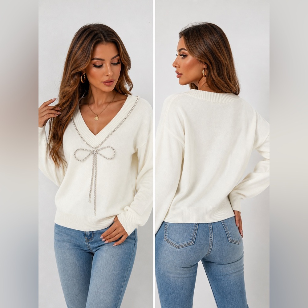 Chicme Rhinestone Bow Sweater – Ivory – Size M – V-Neck Knit